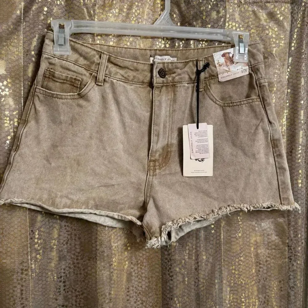 Sincerely Jules Brown Tan Antique Dyed Cut Off Denim Shorts Size 9/28 NWT